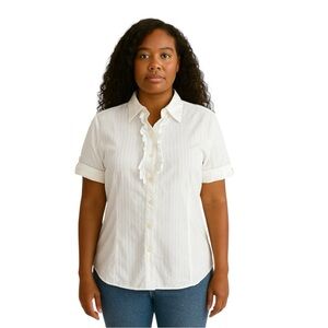 Y2K AGB White Ruffled button up Peter pan collar Blouse with belt loops XL